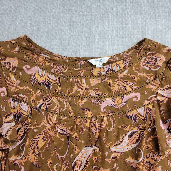 Terra & Sky Womens Blouse Size 4X Brown Paisley Print Ladder Trim Ruffle Peasant - Picture 9 of 11